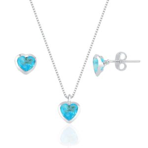 Conjunto Coração Embutido 6mm - Azul Céu - Prata 925
