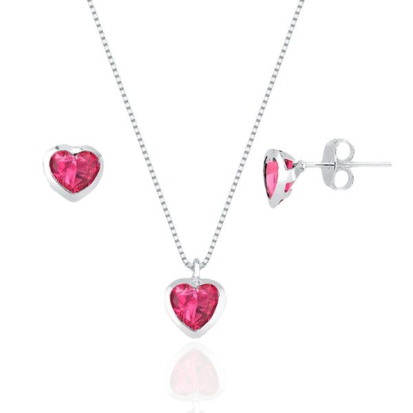 Conjunto coração Embutido 6mm - Fúcsia - Prata 925