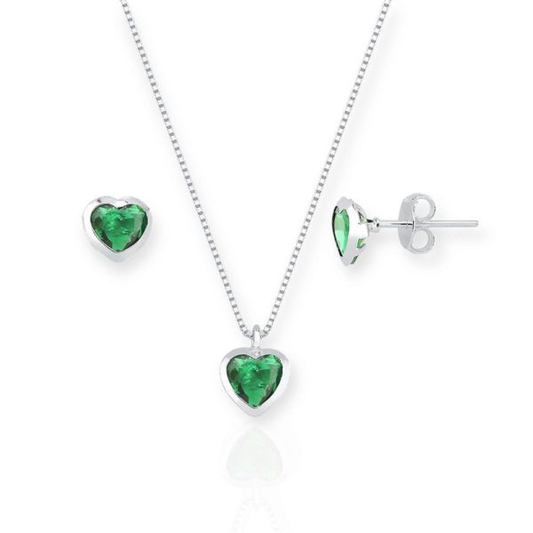 Conjunto coração Embutido 6mm - Verde Esmeralda - Prata 925
