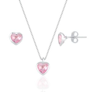 Conjunto Coração Embutido 6mm - Rosa - Prata 925