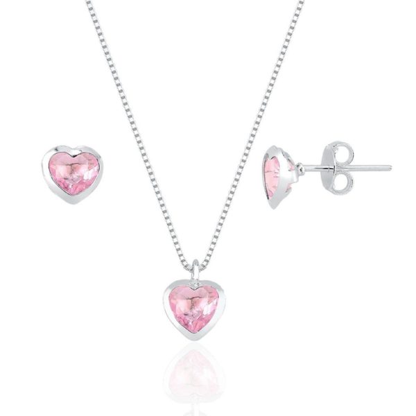 Conjunto Coração Embutido 6mm - Rosa - Prata 925