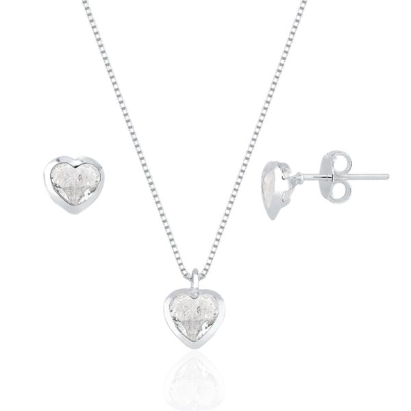Conjunto coração Embutido 6mm - Cristal - Prata 925